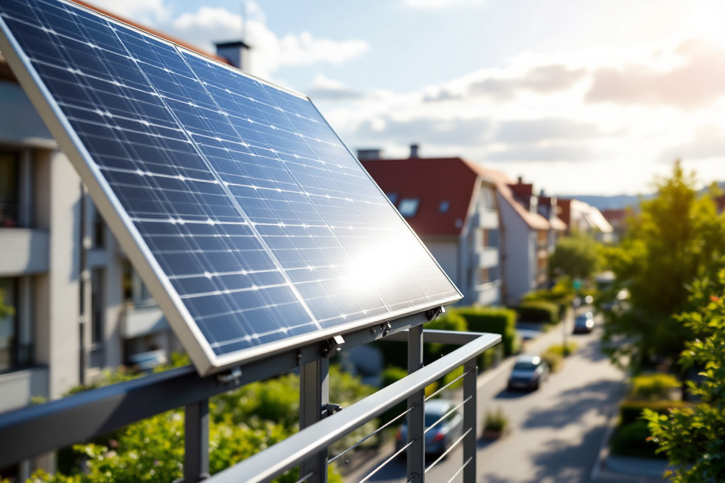 Balkonkraftwerk mit Solarmodulen am Balkongeländer eines Mehrfamilienhauses